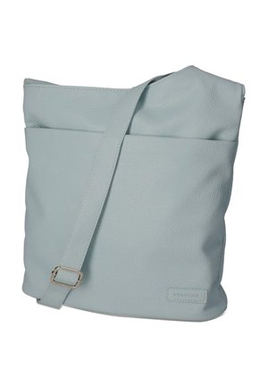 Light blue leather crossbody bag with an adjustable strap and a front pocket, simple and unadorned.