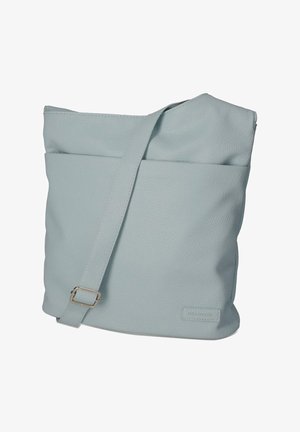 Jasnoniebieska skórzana torba na ramię z regulowanym paskiem i przednią kieszenią, prosta i nieozdobiona.