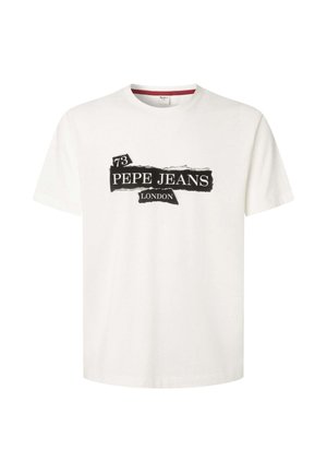 Valge puuvillane lühikeste varrukatega T-särk, millel on must graafiline trükk "73 PEPE JEANS LONDON" rebitud paberi kujunduses.