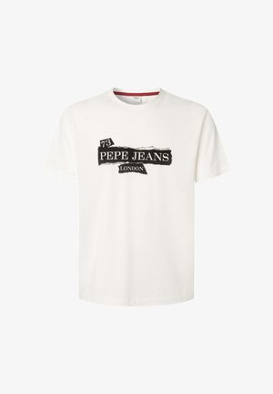 T-shirt en coton blanc à manches courtes, arborant une impression graphique noire "73 PEPE JEANS LONDON" dans un design imitant du papier déchiré.