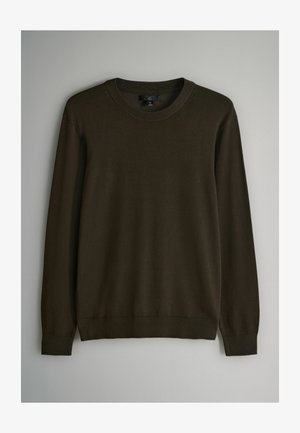 Donkerbruin gebreid sweater met een ronde halslijn, lange mouwen en geribde mouwen en zoom. Gladde textuur en klassiek ontwerp.