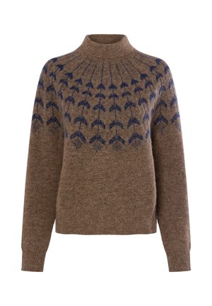 Brown knit sweater with a high neck, featuring a patterned design of navy arrows on the chest. Soft texture, relaxed fit, and long sleeves.