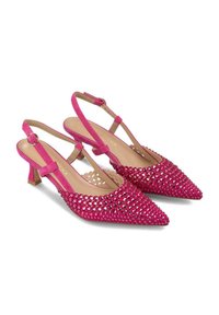 Pink suede slingback shoes with pointed toes, embellished with large crystals, and a low block heel. Adjustable ankle strap detail.