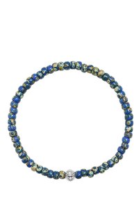 Blue bead necklace featuring various textured beads with gold and green accents, finished with a silver clasp at the center.