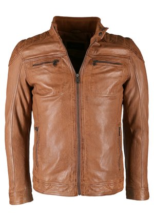 Braune Lederjacke mit Reißverschluss, ausgestattet mit zwei Brusttaschen, seitlichen Reißverschlusstaschen und einem gerippten Kragen. Glatte Textur und taillierte Passform.