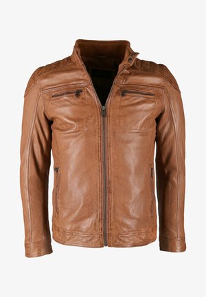 Brun læderjakke med lynlås foran, der har to brystlommer, sidelommer med lynlås og ribbet krave. Glat tekstur og tætsiddende design.
