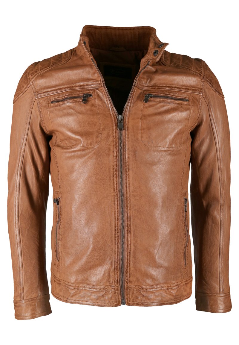 Braune Lederjacke mit Reißverschluss, ausgestattet mit zwei Brusttaschen, seitlichen Reißverschlusstaschen und einem gerippten Kragen. Glatte Textur und taillierte Passform.