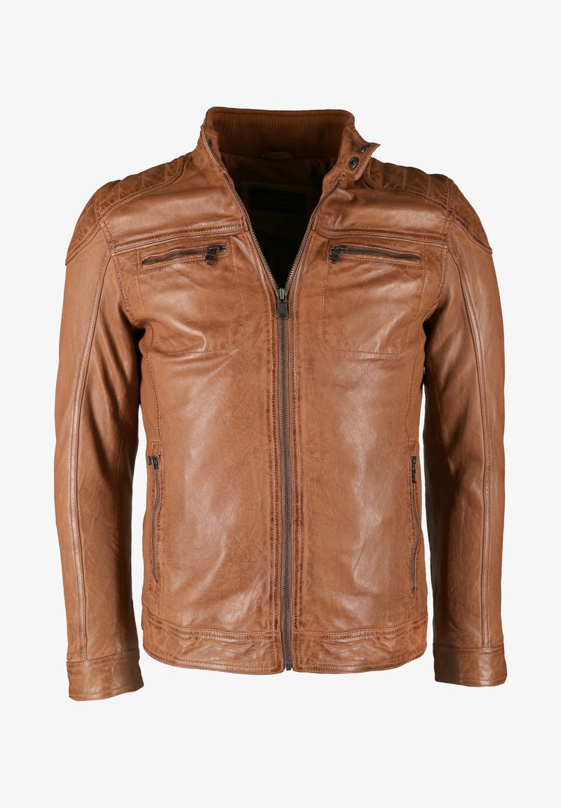 Braune Lederjacke mit Reißverschluss, ausgestattet mit zwei Brusttaschen, seitlichen Reißverschlusstaschen und einem gerippten Kragen. Glatte Textur und taillierte Passform.