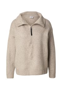 Pull beige à col zippé avec ourlet et poignets côtelés, en tissu doux. Présente une coupe décontractée et une fermeture à glissière à moitié.