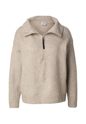 Bēša krāsas džemperis ar rāvējslēdzēja kaklu, ar ribotu apakšu un aprocēm, izgatavots no mīksta auduma. Tam ir brīvs piegriezums un pusstāva rāvējslēdzējs.