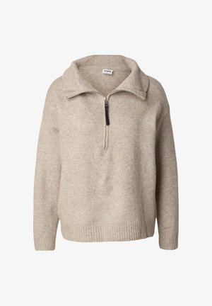 Beige pullover-genser med glidelås i nakken, ribbestrikket kant nederst og ved ermene, laget av mykt stoff. Har en avslappet passform og halvglidelås.