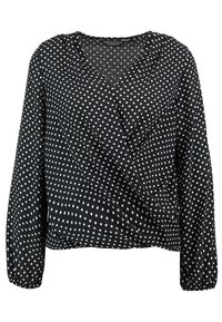 Blusa nera con pois bianchi, scollatura a V, maniche lunghe e design avvolgente. Realizzata in tessuto leggero con una finitura morbida.