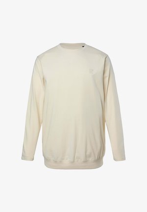 Cremefarbenes Sweatshirt mit langen Ärmeln, rundem Halsausschnitt und gerippten Bündchen. Mit dezentem Logo auf der Brust. Weicher Stofftextur.