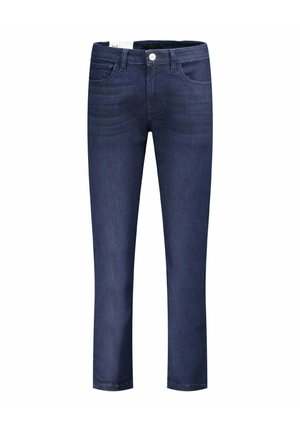 Jeans in denim blu scuro con taglio dritto, design a cinque tasche e chiusura frontale con bottone. Texture liscia con una leggera scoloritura.