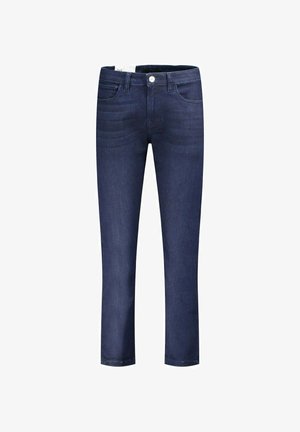 Jeans in denim blu scuro con taglio dritto, design a cinque tasche e chiusura frontale con bottone. Texture liscia con una leggera scoloritura.