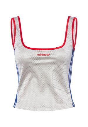 Débardeur en mesh blanc adidas avec bordure rouge, bandes latérales bleues et logo adidas rouge centré sur la poitrine.