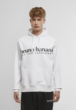 Weißer Hoodie aus weichem Stoff, mit einer Vordertasche, verstellbarem Kapuzenzug und schwarzem Drucktext mit der Aufschrift "bruno banani NICHT FÜR JEDEN."