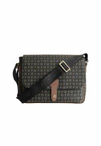 Borsa a tracolla nera con motivo, con dettagli in pelle marrone, tracolla regolabile, chiusura magnetica e logo in un motivo ripetuto.