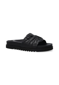 Zwarte leren slip-on sandaal met een geknoopte bovenkant, open teen en een gestructureerde zwarte rubberen zool met zigzagpatroon.