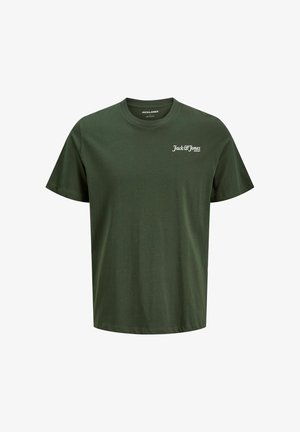 Olivengrøn bomulds-T-shirt med rund hals, korte ærmer og et logo foran i hvid tekst. Blød tekstur med en afslappet pasform.