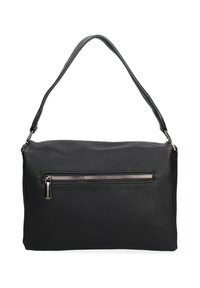 Sac à bandoulière en cuir noir avec une finition texturée, équipé d'une fermeture éclair supérieure et d'une poche zippée à l'avant. Sangle robuste et ajustable incluse.