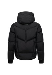Giacca a vento nera con cappuccio, caratterizzata da un design trapuntato, polsini elasticizzati e un dettaglio sul retro per ulteriore calore e stile.