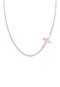 Rose gold halskæde med et simpelt, fladt korsvedhæng på en delikat kæde med små led. Korset har en glat, poleret finish.