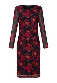 Schwarzes Kleid mit langen Ärmeln, Rundhalsausschnitt und floralem Muster in Rot- und Brauntönen sowie einem gerafften Detail in der Taille.