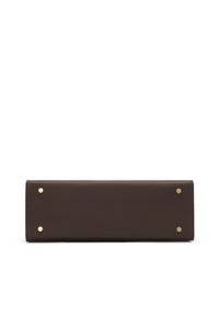 Brown textured leather bag with a rectangular shape, featuring gold-tone hardware accents on the base and a smooth finish.