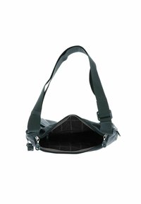 Borsa a tracolla grigia con esterno in poliestere, cinturino regolabile e chiusura con zip; presenta un rivestimento interno con motivo.