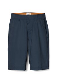 Marineblauwe shorts van lichtgewicht stof, met een knoopsluiting, zijzakken en een contrasterende oranje binnenband.