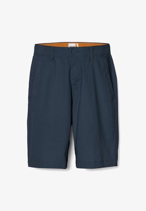 Mörkblå shorts i lättviktig tyg, med knäppning, sidofickor och en kontrasterande orange innervidd.