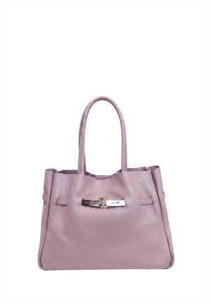 Borsa a mano in pelle color lavanda con doppi manici e chiusura centrale in metallo tono argento su sfondo bianco.