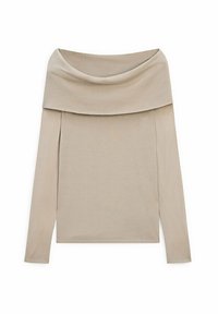 Beige schulterfreies Oberteil mit langen Ärmeln, glatter Textur und drapiertem Ausschnitt. Einfaches Design, gerader Saum und keine Muster oder Verzierungen.