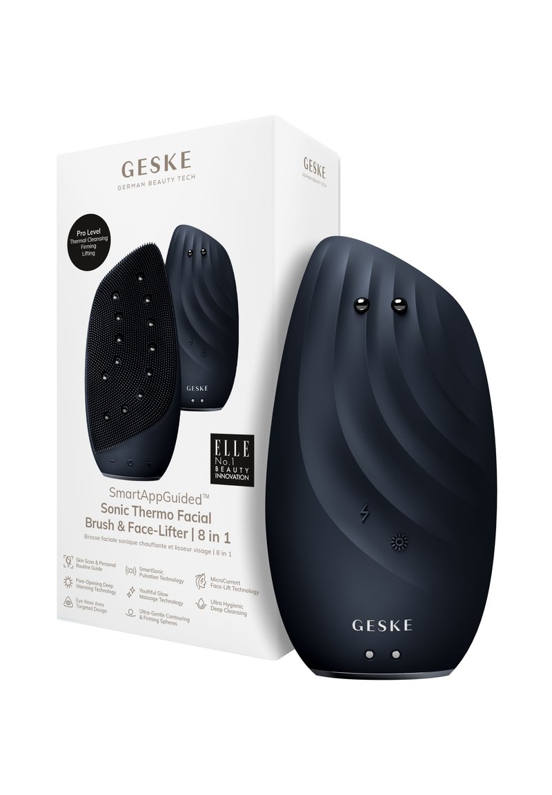 Sonic ansiktsborste i mattsvart med en böjd form, strukturerad yta, två knappar och förpackning med vit och svart text.