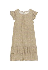 Blommönstrad klänning i ljusbeige, med volangärmar, rund halsringning och en flerlagers volangkant för extra textur.