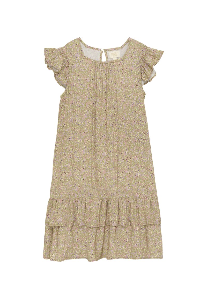 Blommönstrad klänning i ljusbeige, med volangärmar, rund halsringning och en flerlagers volangkant för extra textur.