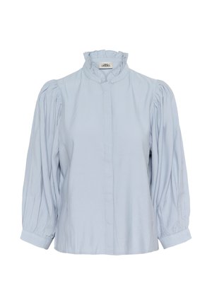 Blusa azzurro chiaro con un alto colletto arricciato, maniche a sbuffo e chiusura frontale con bottoni. Realizzata in tessuto morbido con una texture liscia.