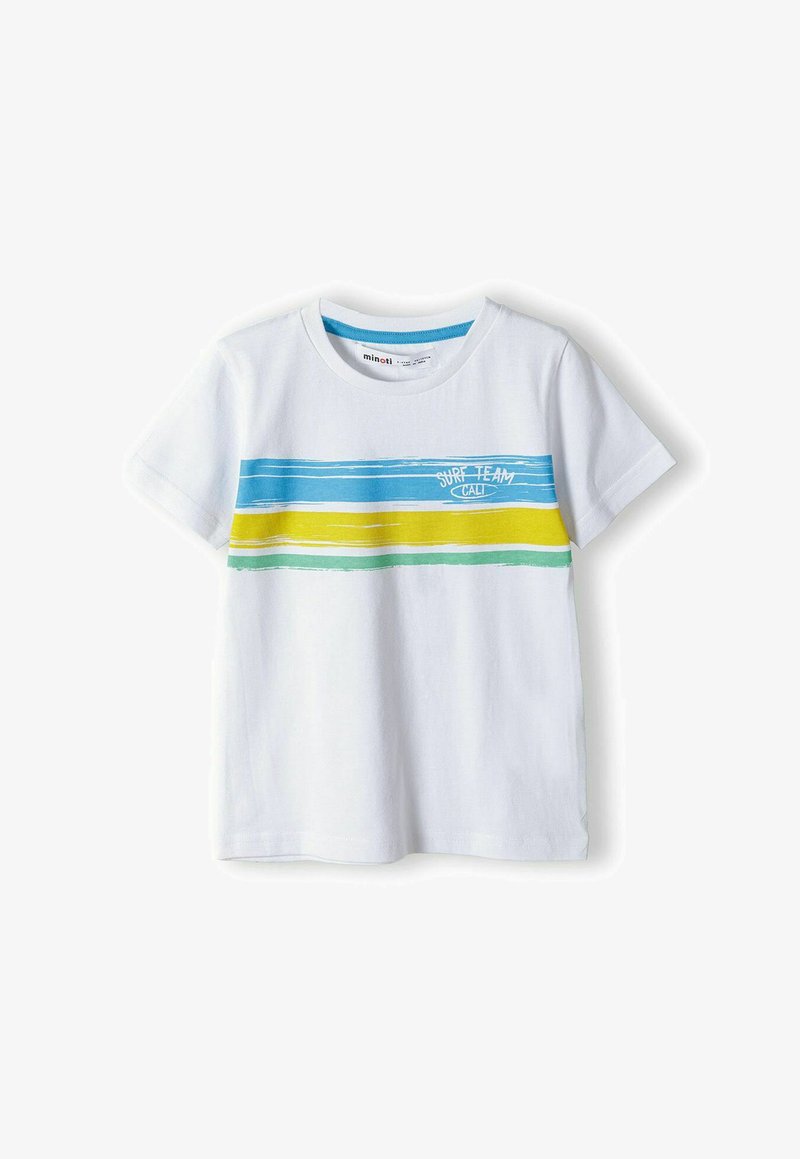 Camiseta de algodón blanca con un diseño horizontal con rayas azules, amarillas y verdes; "SURF TEAM CALI" impreso en azul en la parte frontal.