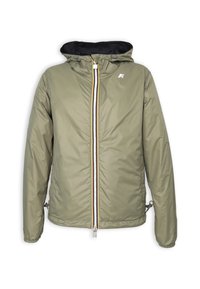 Giacca leggera verde oliva con cappuccio, zip frontale con una striscia multicolore e polsini elasticizzati con cordini regolabili.