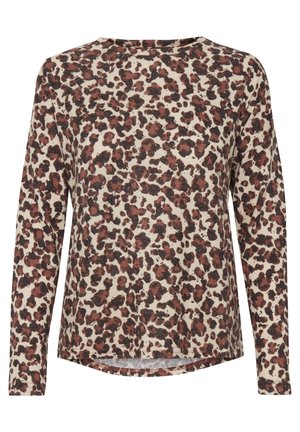 Dugi rukav majica u mekom materijalu, s bež podlogom i tamnosmeđim i hrđavim leopard uzorkom, okrugli izrez i opušteni kroj.