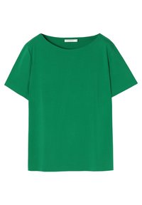 T-shirt verde a maniche corte realizzato in tessuto liscio, con scollatura ampia e vestibilità rilassata. Design semplice, senza motivi o dettagli.