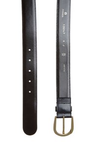 Ceinture en cuir noir avec une texture lisse, dotée d'une boucle rectangulaire dorée, de plusieurs trous d'ajustement et de détails de taille marqués à l'intérieur.