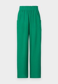 Pantalon vert ample avec une taille élastique, deux poches latérales et une texture lisse. Design à jambes droites, longueur totale.