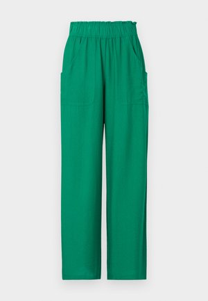 Žalios, laisvo kirpimo kelnės su elastine liemene, dviem šoniniais kišenėmis ir lygiu paviršiumi. Tiesaus kirpimo kojų dizainas, pilnas ilgis.