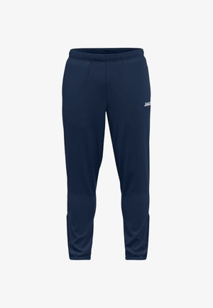 Navy track pants made of lightweight fabric; features an elastic waistband, tapered legs, and a white logo on the left thigh.