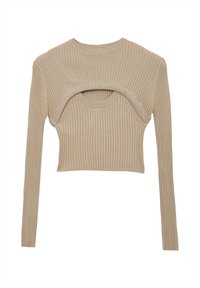 Maglione cropped a maniche lunghe color beige con una particolare apertura al centro. Texture morbida con una silhouette aderente.