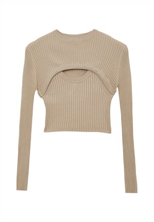 Beiger gerippter langärmeliger Cropped-Pullover mit einem einzigartigen Cut-Out-Design in der Mitte. Weicher Stoff mit einer figurbetonten Silhouette.