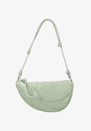 Világoszöld, félig hold alakú bőr válltáska csomózott pánttal és cipzáras záródással, fehér háttéren.