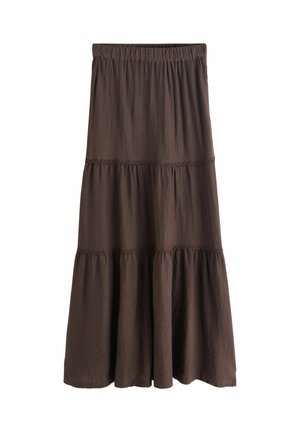 Brauner, mehrlagiger Maxirock mit elastischem Bund und dezent strukturierter Stoffstruktur, der zwei geraffte Nahtdetails für Volumen aufweist.
